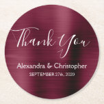 Dessous-de-verre Rond En Papier Bourgogne et blanc Merci Mariage moderne<br><div class="desc">Bourgogne et blanc Faux métal acier inoxydable Faux Dessous de verre de Merci de mariage modernes et élégants. Ces Cranberry Burgundy Drink Coasters peuvent être customisés pour inclure votre nom et votre date de mariage. Les Dessous de verre Purple Marsala font partie de la Collection Mariage Bourgogne. Des éléments de...</div>