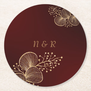 Dessous-de-verre Rond En Papier Bourgogne & Floral Doré Élégant Mariage