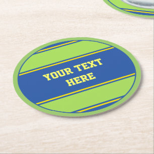 Dessous-de-verre Rond En Papier BOUTON Bandes RONDES bleu vert jaune + votre texte