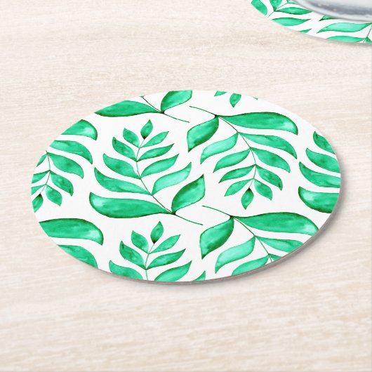 Dessous-de-verre Rond En Papier Branches d'aquarelle simples - vert (Incliné)