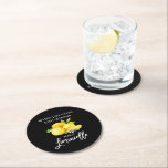 Dessous-de-verre Rond En Papier Brosse Script Aquarelle Noire Citrons Limoncello<br><div class="desc">Brosse moderne Script Aquarelle Lemons Quand La Vie Vous Donne Citrons Fabriquer Limoncello Dessous de verre en papier</div>