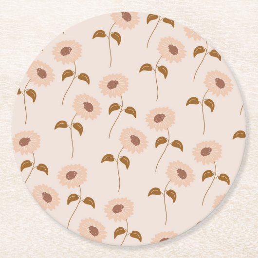 Dessous-de-verre Rond En Papier Brown Beige Retro Y2K Hippie Motif de tournesol (Devant)