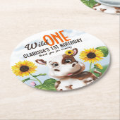 Dessous-de-verre Rond En Papier Brown vache tournesol fille premier anniversaire (Incliné)