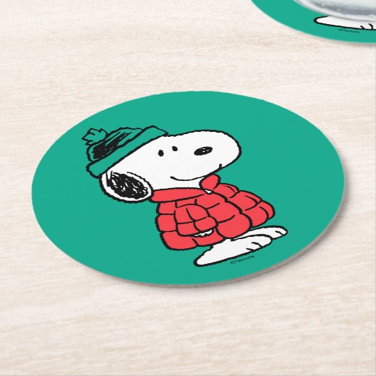 Dessous-de-verre Rond En Papier cacahuètes | Snoopy Chat d'hiver et Casquette (Incliné)