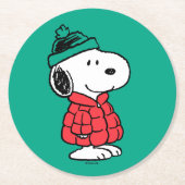Dessous-de-verre Rond En Papier cacahuètes | Snoopy Chat d'hiver et Casquette (Devant)