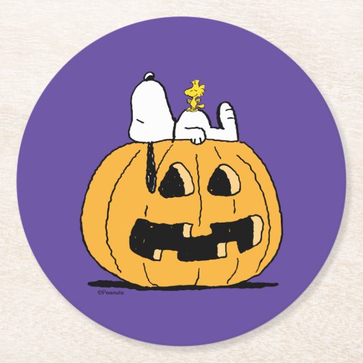 Dessous-de-verre Rond En Papier cacahuètes | Snoopy et Woodstock Jack-O-Lantern (Devant)