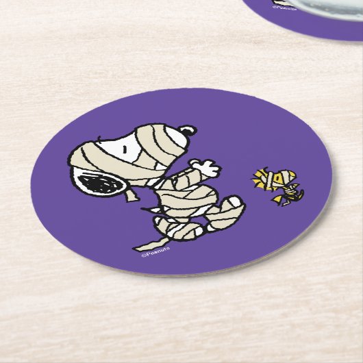 Dessous-de-verre Rond En Papier cacahuètes | Snoopy et Woodstock Mummies (Incliné)