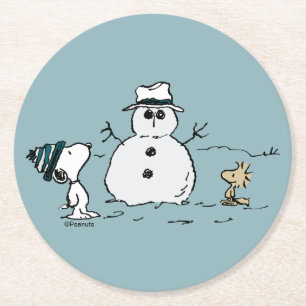 Dessous-de-verre Rond En Papier cacahuètes   Snoopy & Woodstock Build A Snowman