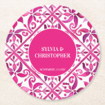Dessous-de-verre Rond En Papier Cadavre mexicaine rose pour mariage imprimé<br><div class="desc">Hot Pink magenta Espagnol Mexicain Talavera carreaux élégant mariage faveurs personnalisées monogramme papier imprimé dessous de verre modèle,  couleurs vives audacieuses modernes mexicain espagnol Hacienda style mariage coloré coloré personnalisé vaisselle dessous de verre imprimés décoration table personnalisable aussi joli gardien mariage faveurs</div>
