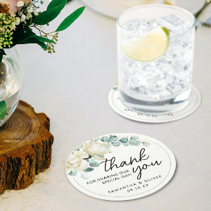 Dessous-de-verre Rond En Papier Cadeau de mariage personnalisé Magnolia Eucalyptus