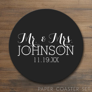 Dessous-de-verre Rond En Papier Cadeaux de mariage noir uni Mr & Mrs