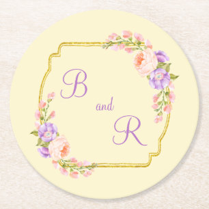 Dessous-de-verre Rond En Papier Cadre d'or initial double monogramme avec lauriers