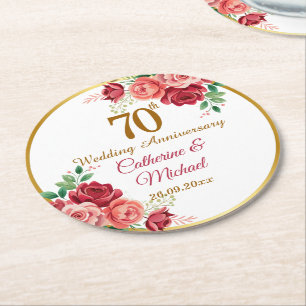 Dessous-de-verre Rond En Papier Cadre doré pour le 70e anniversaire de mariage Flo