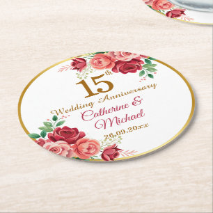 Dessous-de-verre Rond En Papier Cadre floral doré pour 15e anniversaire de mariage