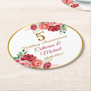 Dessous-de-verre Rond En Papier Cadre floral doré pour 5e anniversaire de mariage