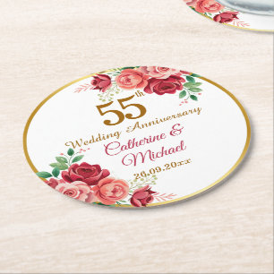 Dessous-de-verre Rond En Papier Cadre floral pour 55e anniversaire de mariage en o