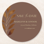 Dessous-de-verre Rond En Papier Café Brown Gold Leaf Wedding Enregistrer la date (Devant)