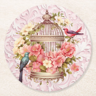 Dessous-de-verre Rond En Papier Cage à oiseaux floral aquarelle vintage romantique