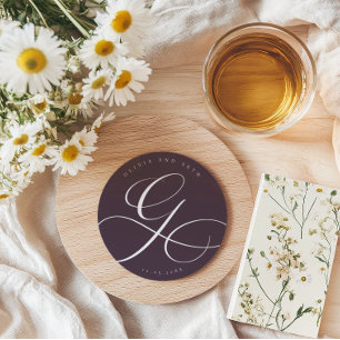 Dessous-de-verre Rond En Papier Calligraphie élégante “G” Mariage de prunier