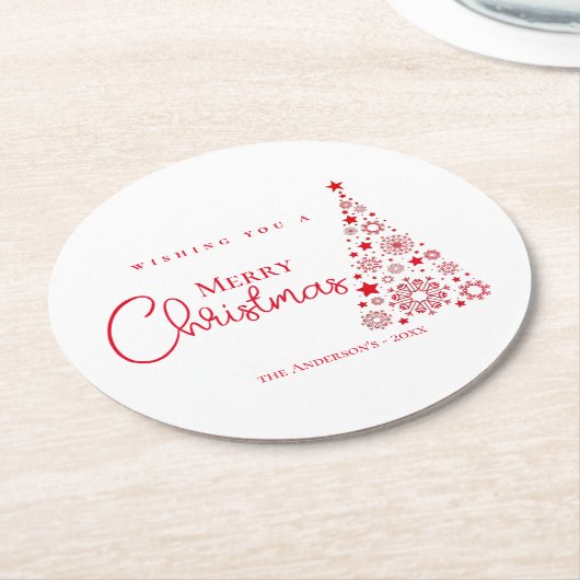 Dessous-de-verre Rond En Papier Calligraphie rouge moderne Joyeux Noël (Incliné)