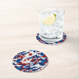 Dessous-de-verre Rond En Papier Camo rouge, blanc et bleu avec paillettes pour le