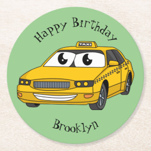 Dessous-de-verre Rond En Papier Caricature amusante de taxi jaune mignon