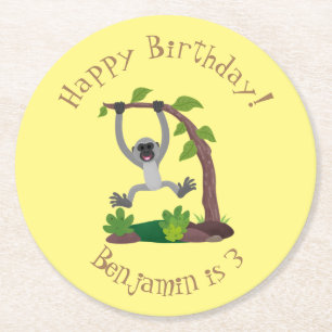 Dessous-de-verre Rond En Papier Caricature de bande de gibbon joyeux