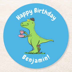 Dessous-de-verre Rond En Papier Caricature de dinosaure vert t rex