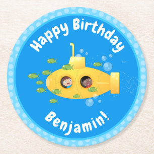Dessous-de-verre Rond En Papier Caricature de poisson sous-marin jaune mignon