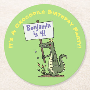 Dessous-de-verre Rond En Papier Caricature d'humour de crocodile vert mignon et dr