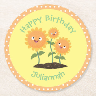 Dessous-de-verre Rond En Papier Caricature joli tournesol souriant illustration