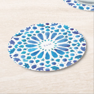 Dessous-de-verre Rond En Papier Carreaux bleus de la Méditerranée Monogramme de ma