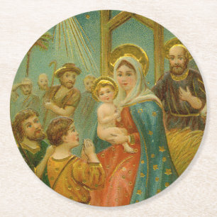 Dessous-de-verre Rond En Papier Carte de Noël de la Nativité de l'époque édouardie