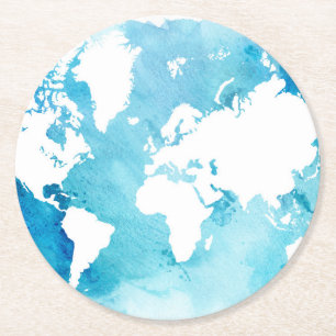 Dessous-de-verre Rond En Papier Carte du monde dans des bleus d'aquarelle