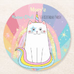 Dessous-de-verre Rond En Papier Caticorn Cat Meow-Gical Birthday Kid<br><div class="desc">Magical Caticorn meow-gical Birthday line pour filles à tout âge. Cute,  arc-en-ciel pastel avec la licorne du chat et les étoiles. D'autres fournitures de partie sont également disponibles. Tous modifiables !</div>