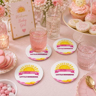 Dessous-de-verre Rond En Papier Célébration de bébé fille en or et rose mignon Sun