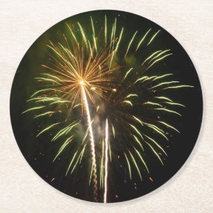 Dessous-de-verre Rond En Papier Célébration de vacances de feux d'artifice verts e