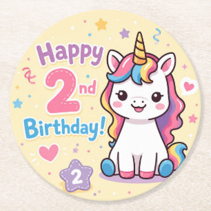 Dessous-de-verre Rond En Papier Célébration du 2e anniversaire de Licorne Arc-en-c