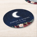 Dessous-de-verre Rond En Papier Céleste Mariage Blue Sky Moon Stars Floral<br><div class="desc">Mariage Celestial Blue Sky Moon Stars Dessous de verre Floral. Aquarelle Bourgogne bleu rose floral. Feuilles de verdure d'Eucalyptus.</div>
