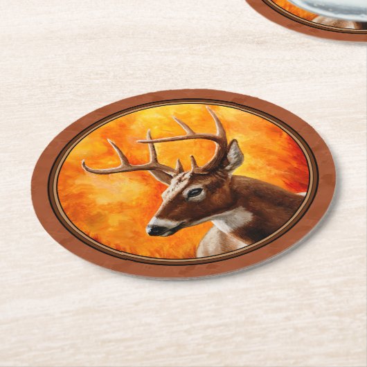Dessous-de-verre Rond En Papier Cerf blanc en automne Brown rouge (Incliné)