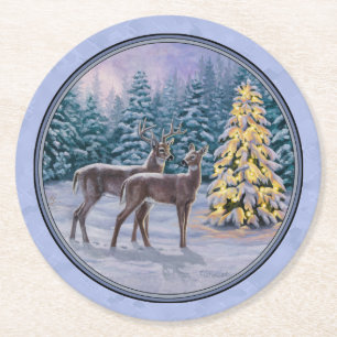 Dessous-de-verre Rond En Papier Cerf et arbre de Noël Bleu d'hiver