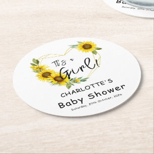 Dessous-de-verre Rond En Papier C'est une fille ! Cadre tournesols Baby Shower