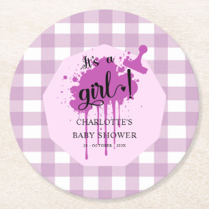 Dessous-de-verre Rond En Papier C'est une fille Douce Pastel Violet Gingham Baby S