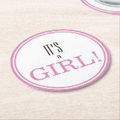 Dessous-de-verre Rond En Papier C'est une fille ! Faire-part bébé rose moderne (Incliné)