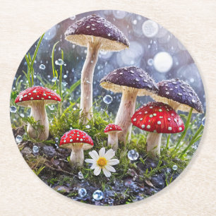 Dessous-de-verre Rond En Papier Champignons de forêt enchantés en pluie
