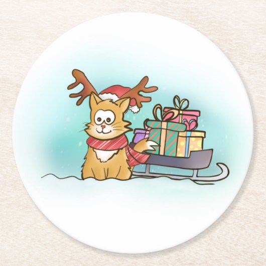 Dessous-de-verre Rond En Papier Chat avec Reindeer Casquette et Sleigh Christmas (Devant)
