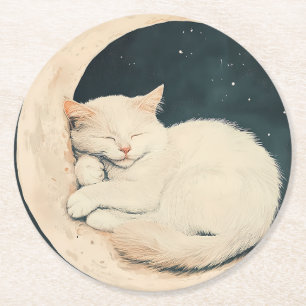 Dessous-de-verre Rond En Papier Chat blanc couché sur Crescent Moon - Dreamnight