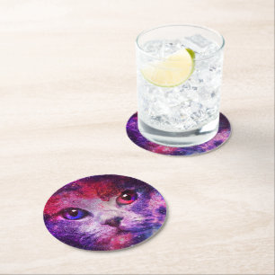 Dessous-de-verre Rond En Papier Chat de la galaxie violette