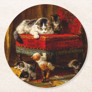 Dessous-de-verre Rond En Papier Chat et chatons Jouer avec chaise