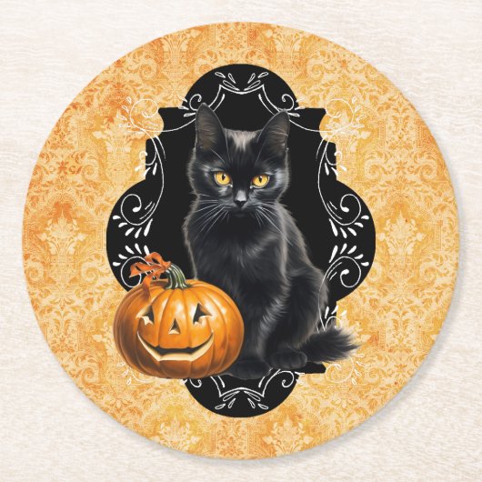 Dessous-de-verre Rond En Papier Chat noir et Citrouille d'Halloween doux (Devant)